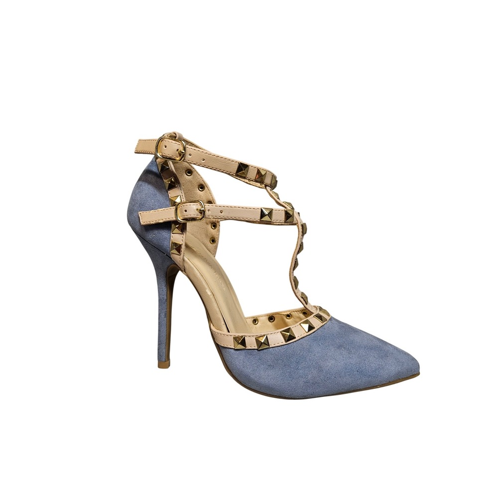 Wild Diva Lounge Blue Faux Suede Studded T-Strap Pointed Toe Stiletto Pumps Sz 7